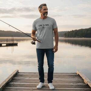 Vintage Come to Papa Fly Fishing Shirt Size L Made in USA Gray Short Sleeve